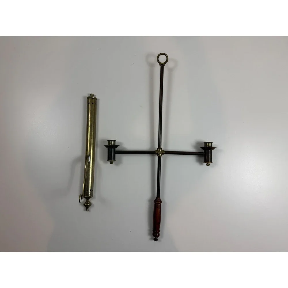 RARE‎ CHURCH PROCESSIONAL CANDLE HOLDER BRASS CROSS CANDELABRA WOOD HANDLE